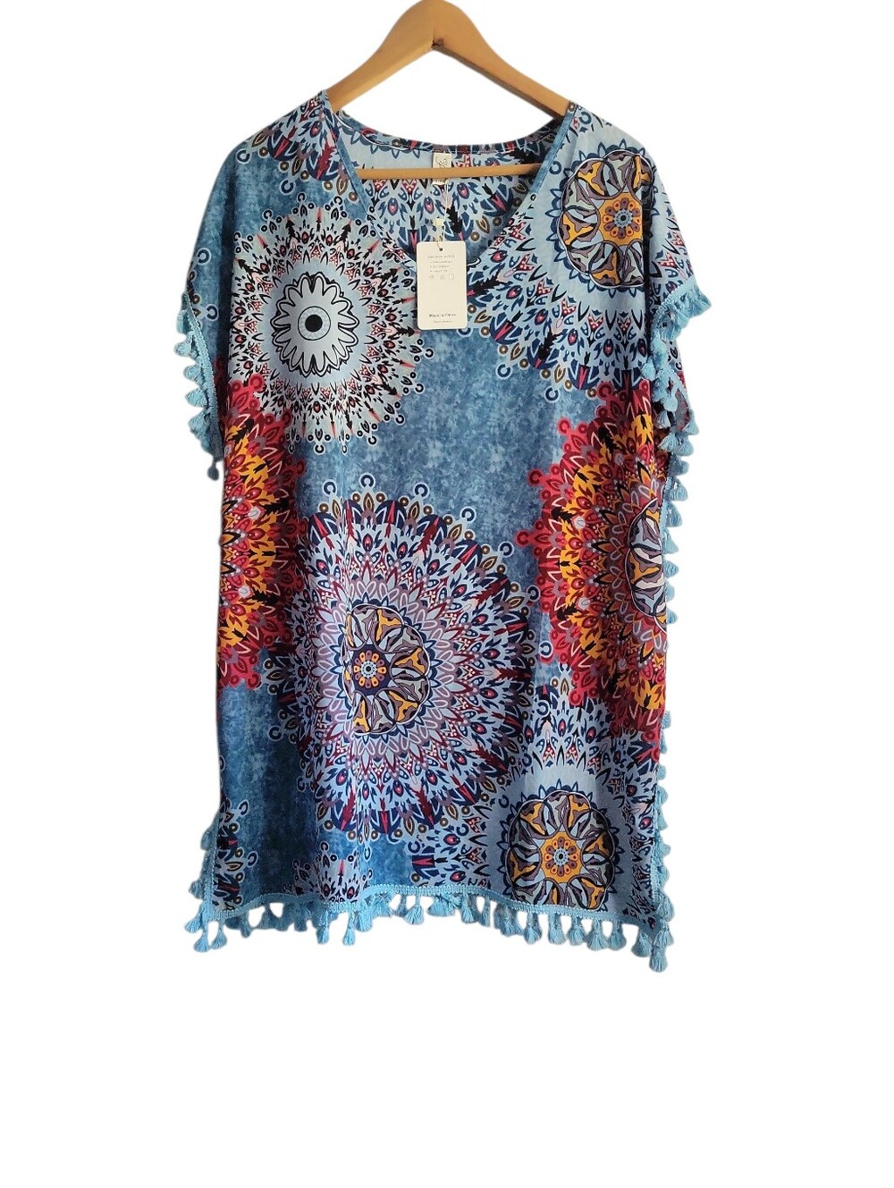 Women’s Blue Mandala Print Pom-Pom Sleeve Tunic/Swimcoverup